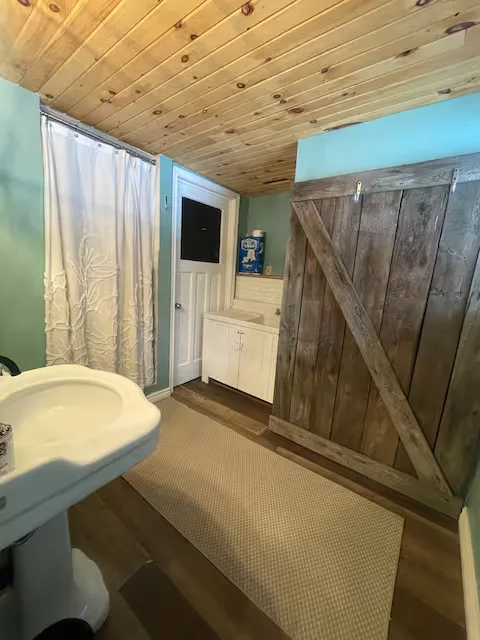 Bathroom with barn door and wood ceiling